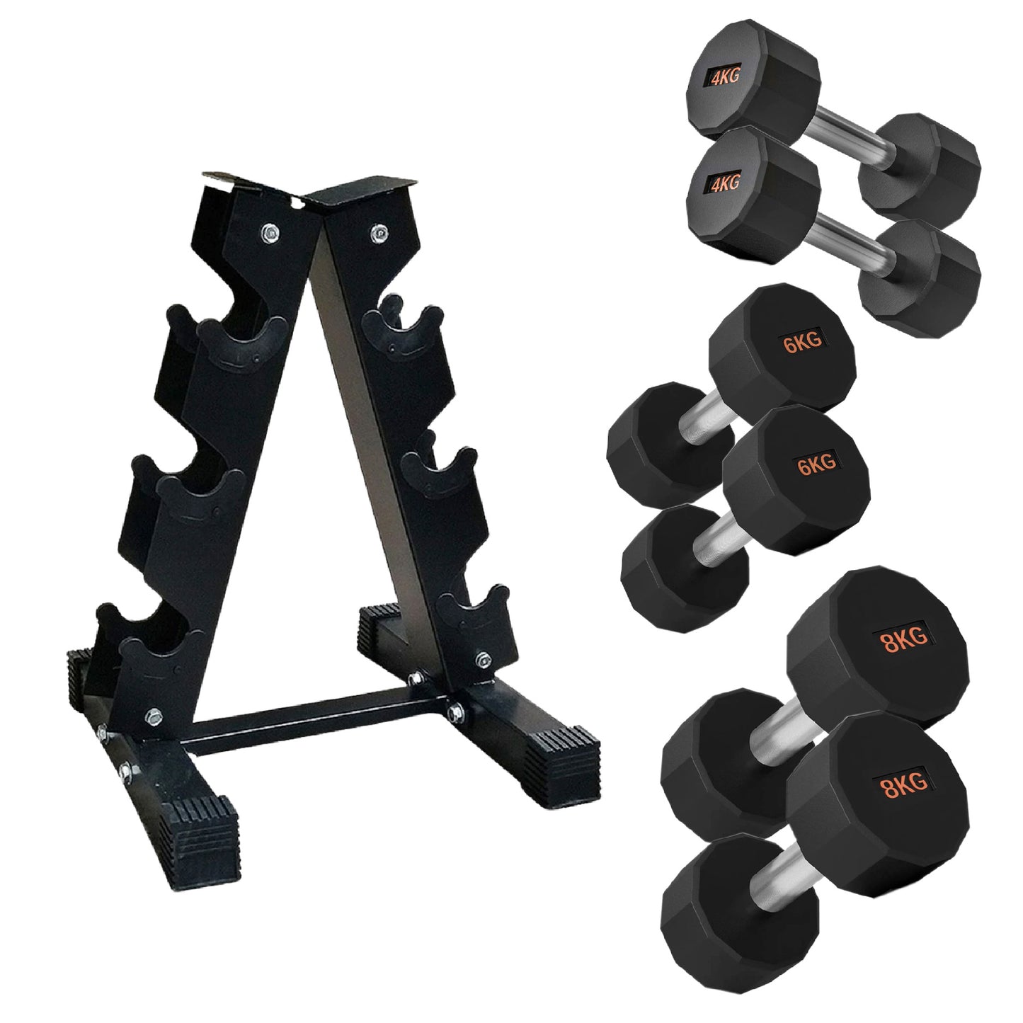 Round Hex Dumbbells with Anti-Roll Design - Premium Rubber-Coated Heads and Knurled Grip Handles - Available as Singles, Pairs or Complete Sets with Optional Storage Rack - Professional Gym Quality