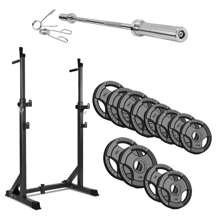 Weightlifting setup with squat rack, barbell, and weight plates on a white background