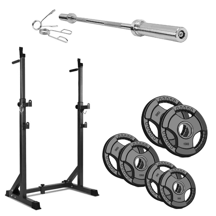 Weightlifting setup with squat rack, barbell, and weight plates on a white background