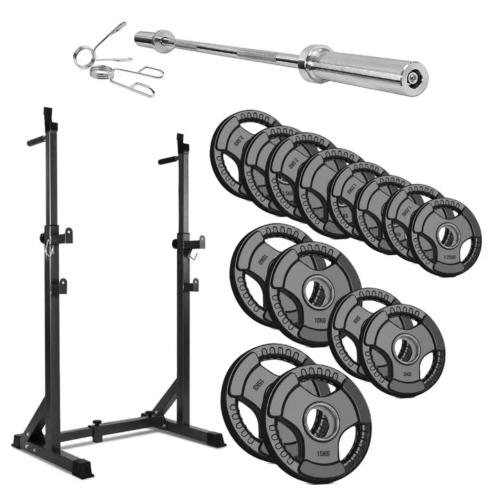 Weightlifting setup with squat rack, barbell, and weight plates on a white background