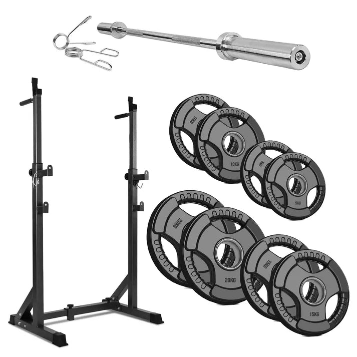 Weightlifting set with squat rack, barbell, and weight plates on a white background