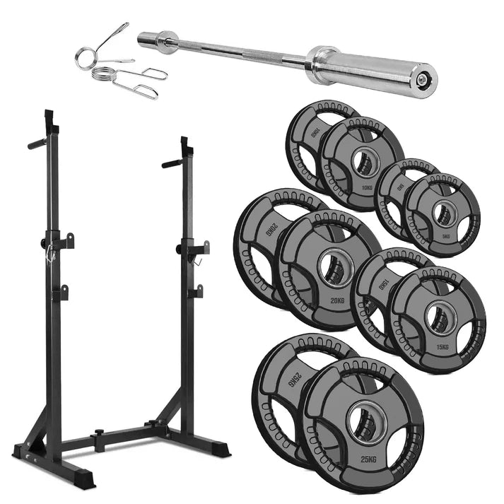 Weightlifting set with squat rack, barbell, and weight plates on a white background