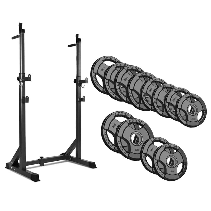 Black squat rack with weight plates on a white background