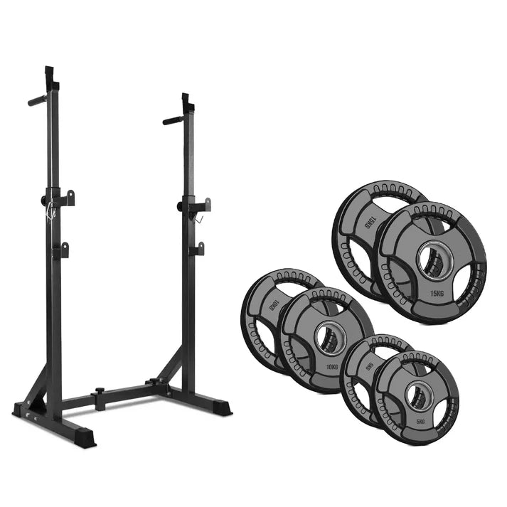 Black squat rack with weight plates on a white background
