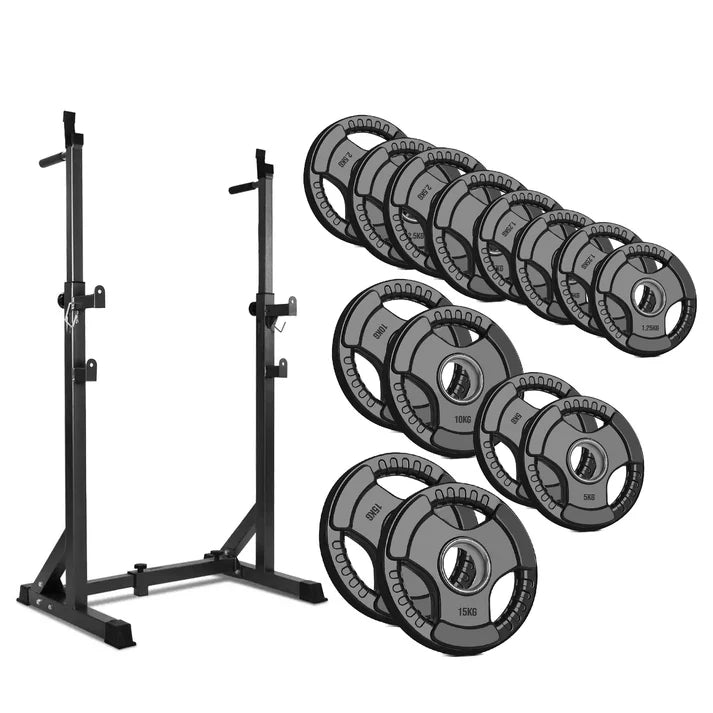 Black weightlifting squat rack with Olympic weight plates on a white background
