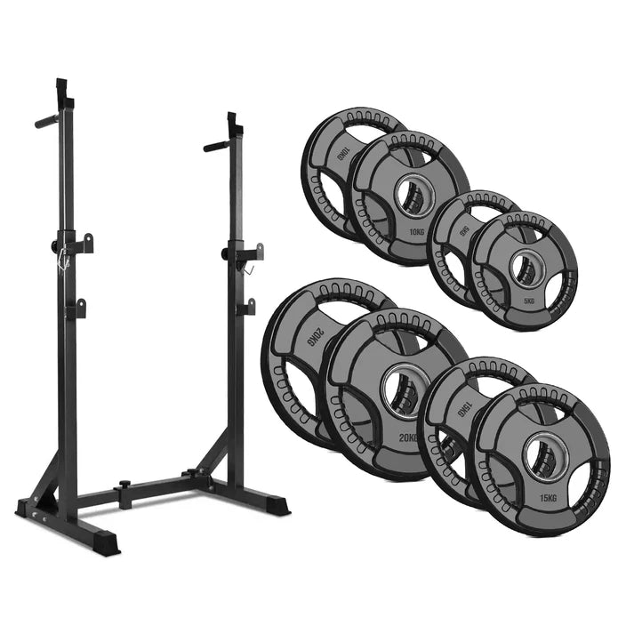 Weightlifting squat rack with Olympic weight plates on a white background