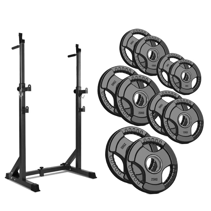 Black weightlifting squat rack with gray weight plates on a white background