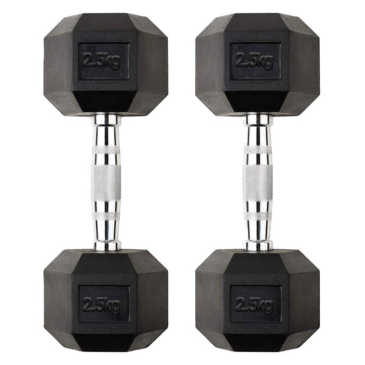 2.5kg Rubber Hex Dumbbells with Ergonomic Steel Handles – Compact Free Weights for Toning, Strength Workouts & Small Space Home Gym Use