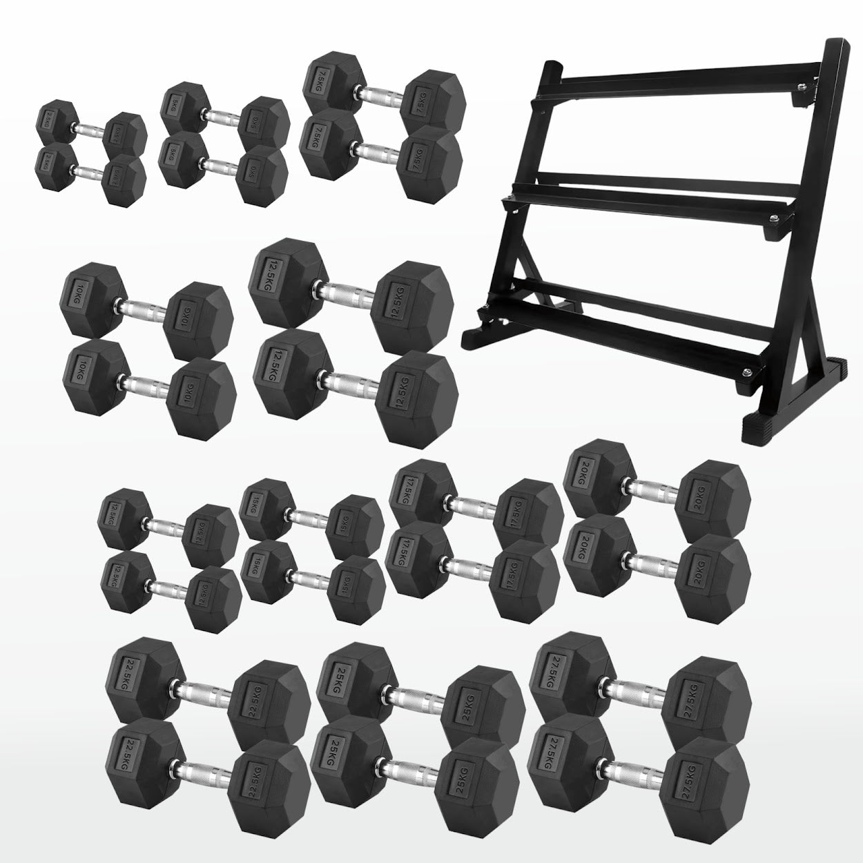 Premium Rubber-Coated Hex Dumbbells: Singles, Pairs & Complete Weight Sets from 2.5kg to 60kg - Anti-Roll Design with Ergonomic Metal Handles for Home Gym, Strength Training & Professional Bodybuilding