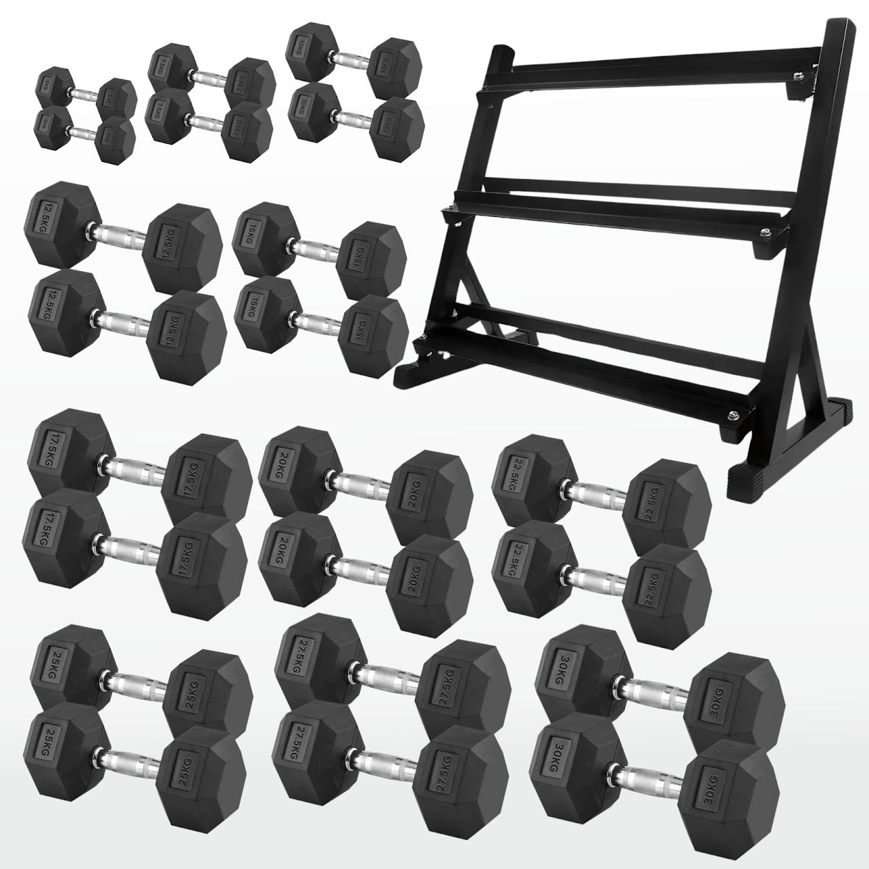 Premium Rubber-Coated Hex Dumbbells: Singles, Pairs & Complete Weight Sets from 2.5kg to 60kg - Anti-Roll Design with Ergonomic Metal Handles for Home Gym, Strength Training & Professional Bodybuilding