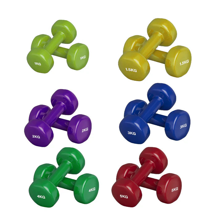 Set of colorful dumbbells with weight markings on a white background