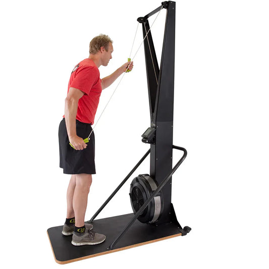 Man using a cable machine on a white background