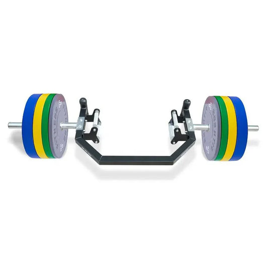 Barbell with colorful weight plates on a white background