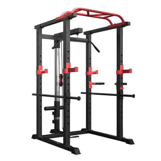 Black and red power rack on a white background