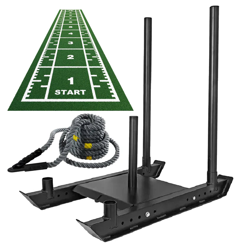 Black athletic training setup with green mat, resistance rope, and poles on a white background