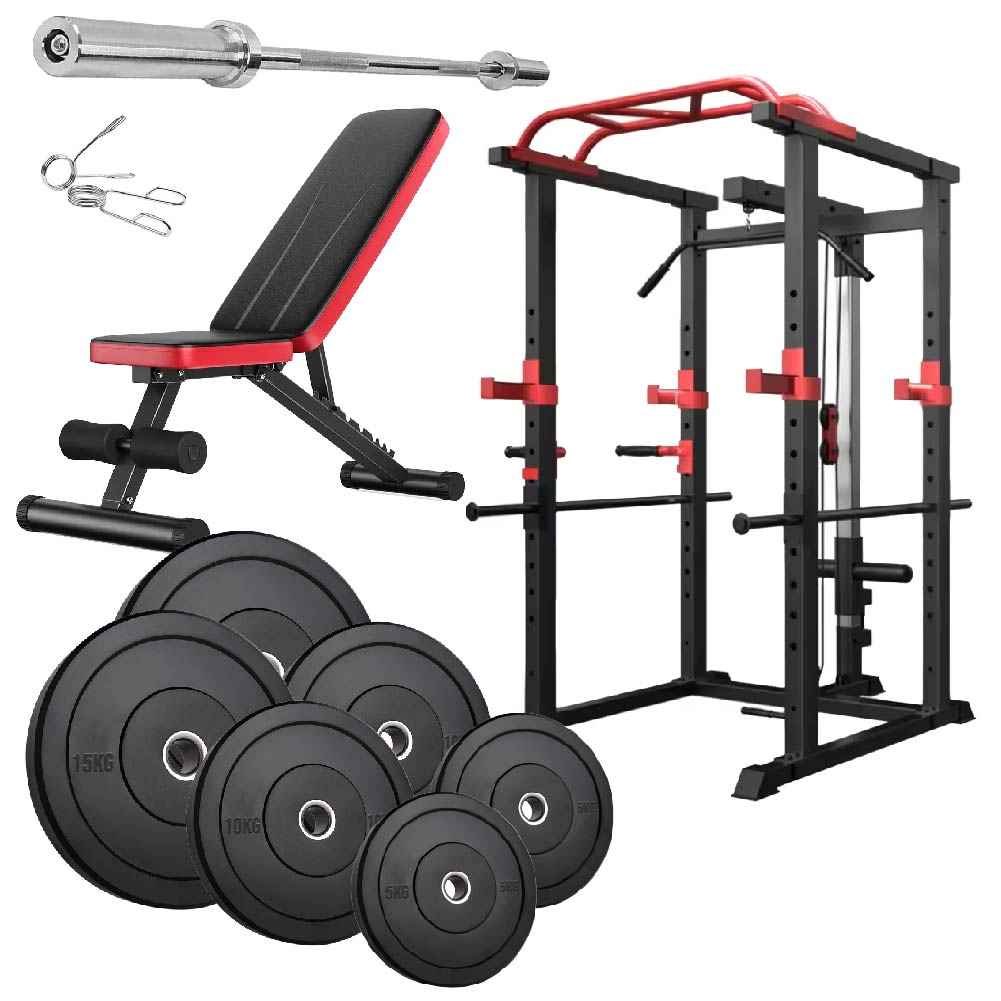 Professional Power Multi Cage with Integrated Cable Pulley System - Heavy-Duty Steel Construction - Adjustable J-Hooks & Safety Spotters - Multi-Grip Pull-Up Bar - Complete Home Gym Solution