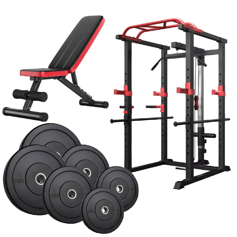 Professional Power Multi Cage with Integrated Cable Pulley System - Heavy-Duty Steel Construction - Adjustable J-Hooks & Safety Spotters - Multi-Grip Pull-Up Bar - Complete Home Gym Solution