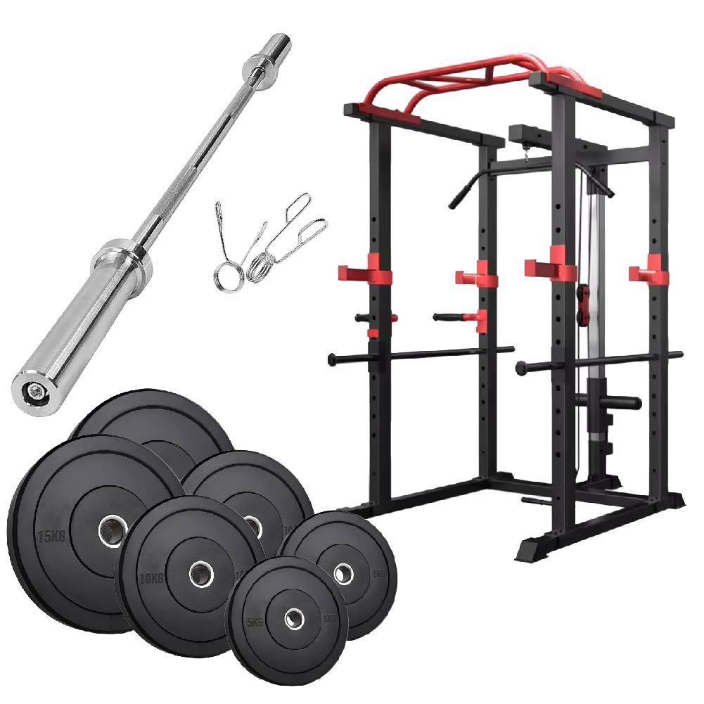 Professional Power Multi Cage with Integrated Cable Pulley System - Heavy-Duty Steel Construction - Adjustable J-Hooks & Safety Spotters - Multi-Grip Pull-Up Bar - Complete Home Gym Solution