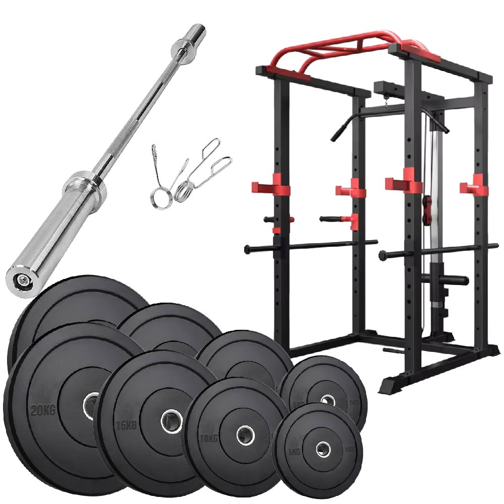 Professional Power Multi Cage with Integrated Cable Pulley System - Heavy-Duty Steel Construction - Adjustable J-Hooks & Safety Spotters - Multi-Grip Pull-Up Bar - Complete Home Gym Solution
