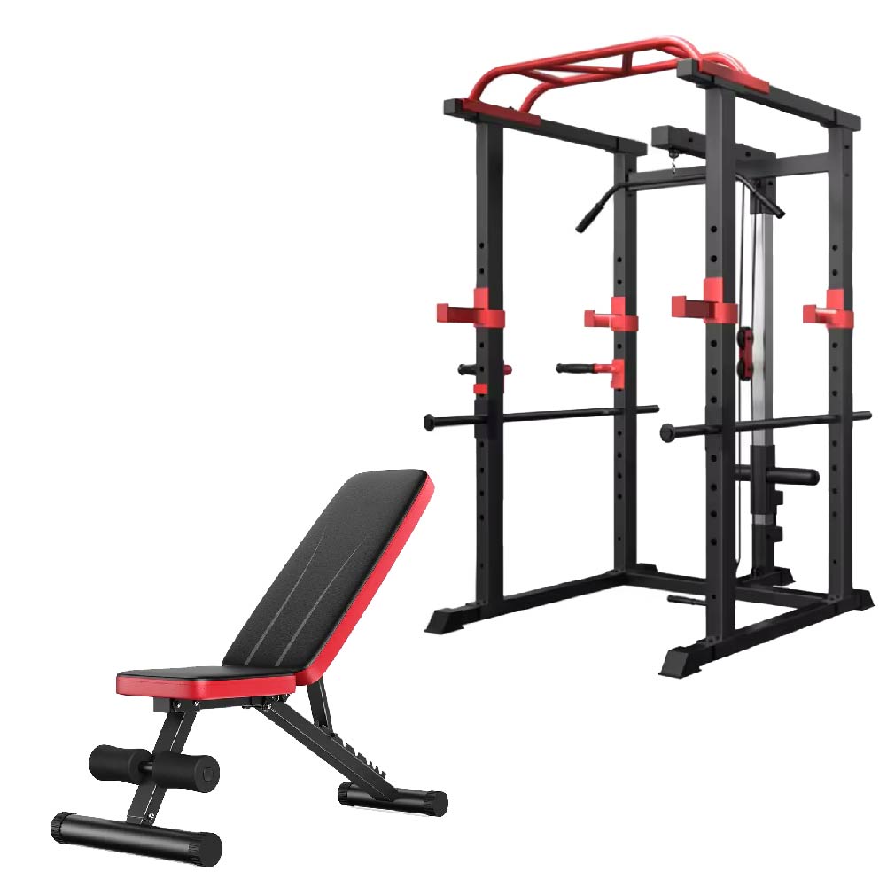 Professional Power Multi Cage with Integrated Cable Pulley System - Heavy-Duty Steel Construction - Adjustable J-Hooks & Safety Spotters - Multi-Grip Pull-Up Bar - Complete Home Gym Solution