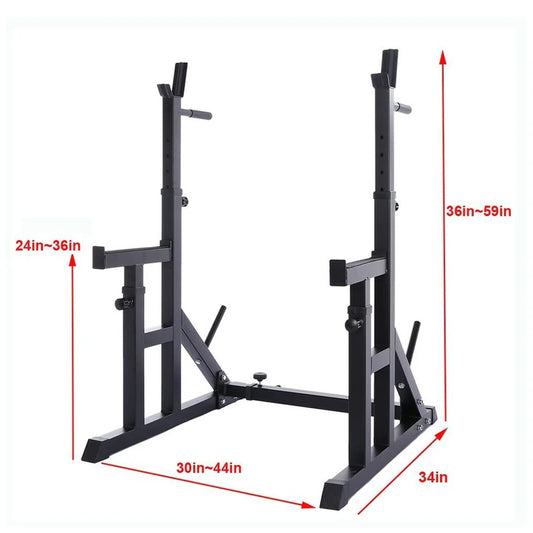 Black squat rack with dimensions indicated by red arrows on a white background