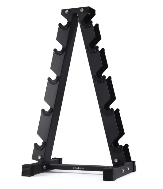 Black weight plate rack on a white background