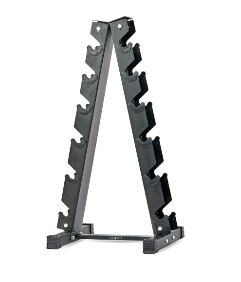Black metal weight plate rack on a white background