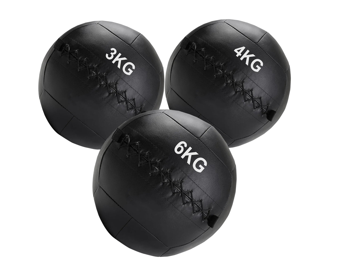 Three black weighted medicine balls with weight markings on a white background