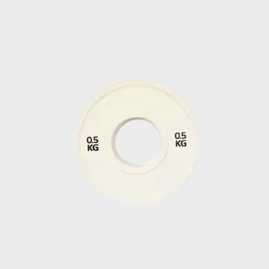 White weight plate with '0.5 KG' marking on a light gray background