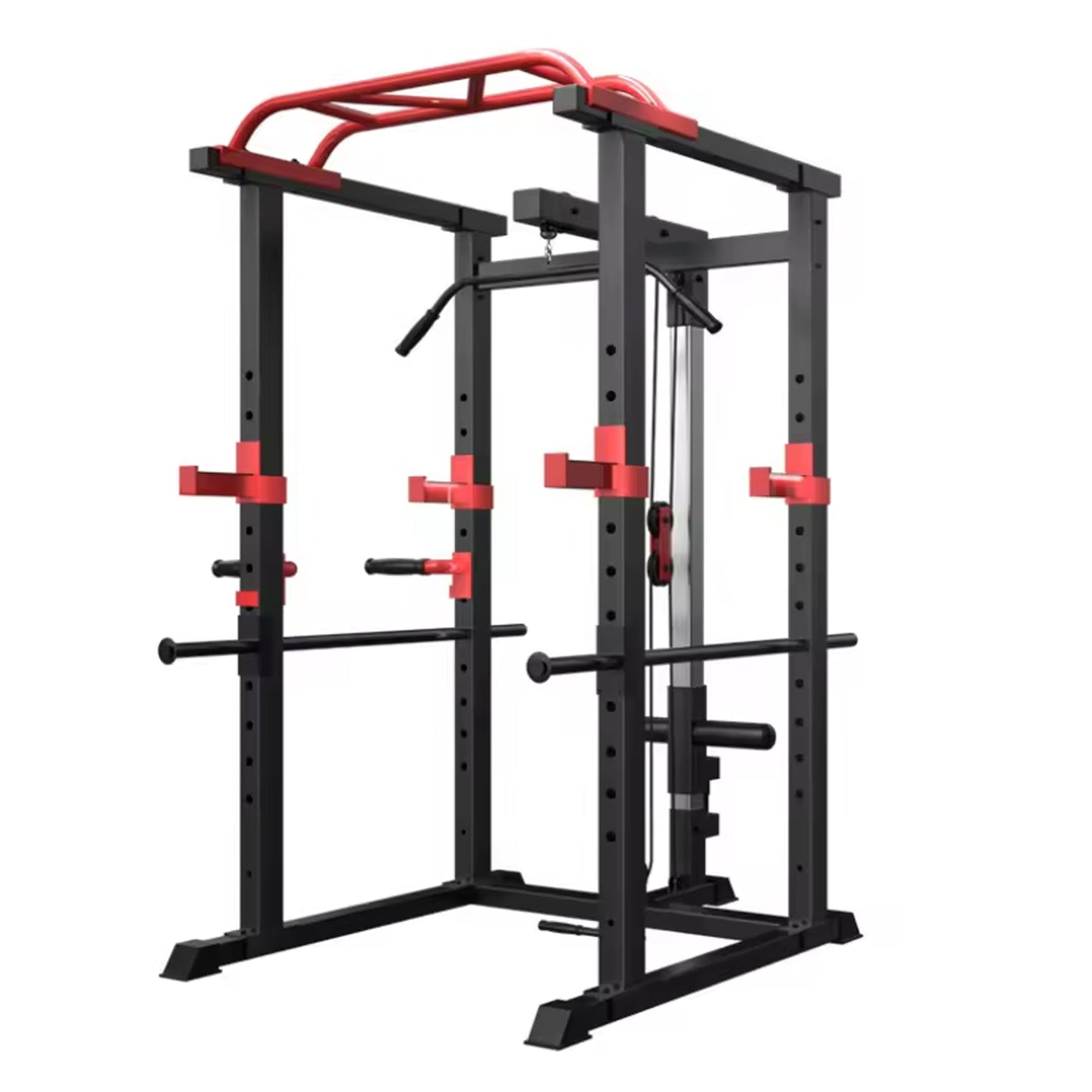 Professional Power Multi Cage with Integrated Cable Pulley System - Heavy-Duty Steel Construction - Adjustable J-Hooks & Safety Spotters - Multi-Grip Pull-Up Bar - Complete Home Gym Solution