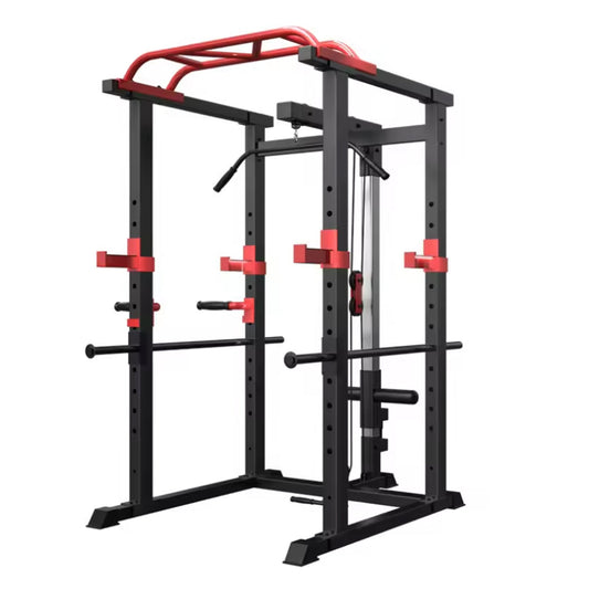 Professional Power Multi Cage with Integrated Cable Pulley System - Heavy-Duty Steel Construction - Adjustable J-Hooks & Safety Spotters - Multi-Grip Pull-Up Bar - Complete Home Gym Solution