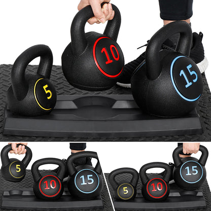 3-Piece Kettlebell Weight Set – 5lb, 10lb, 15lb (2.2kg, 4.5kg, 6.8kg) with Storage Stand | Strength & Cardio Training Set for Home Gym Workouts