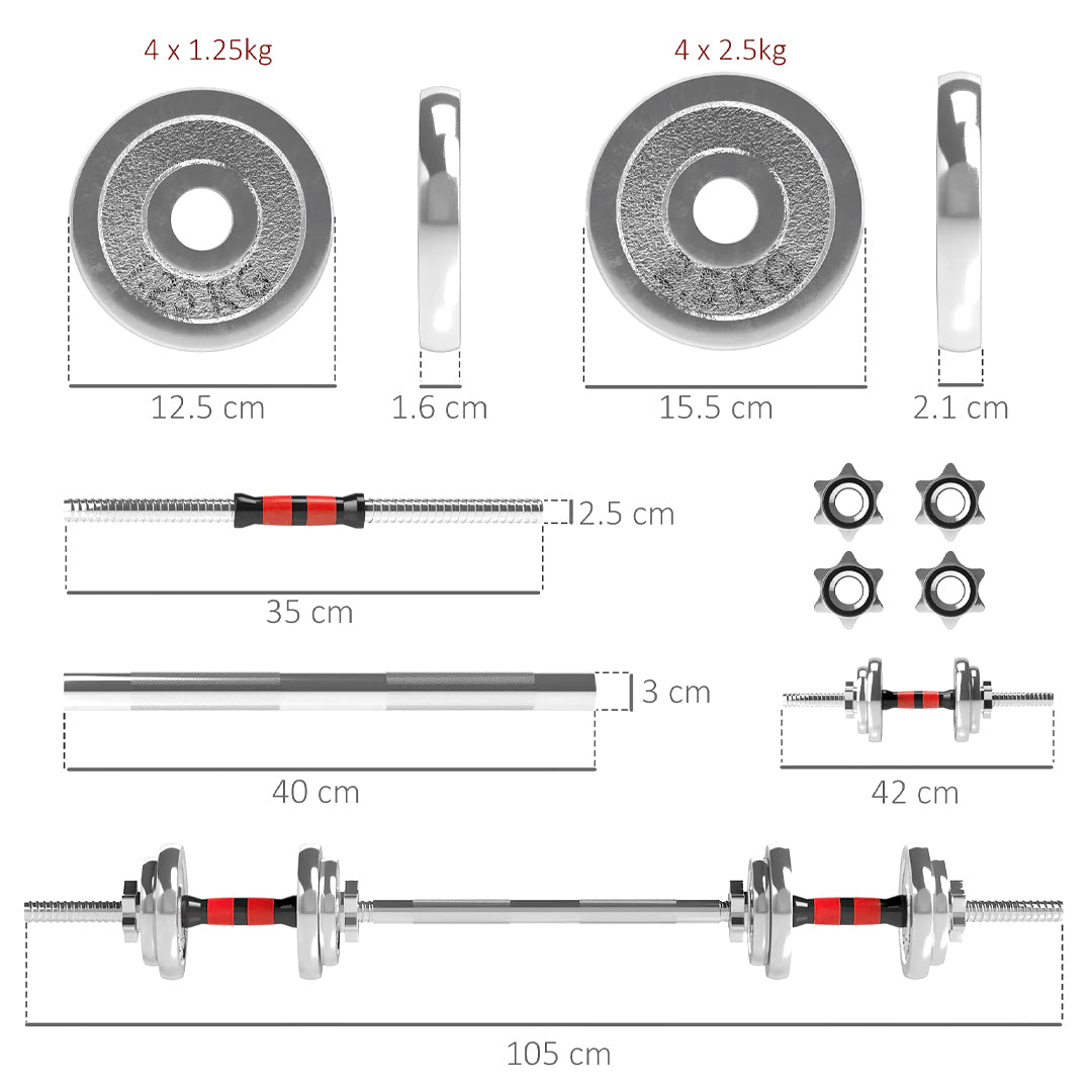 20kg Steel Adjustable Dumbbell Barbell Set - 2-in-1 Cast Iron Weight System with Anti-Slip Metal Handle - Converts from Dumbbells to Barbell - Home Fitness Training Equipment with  &  Plates
