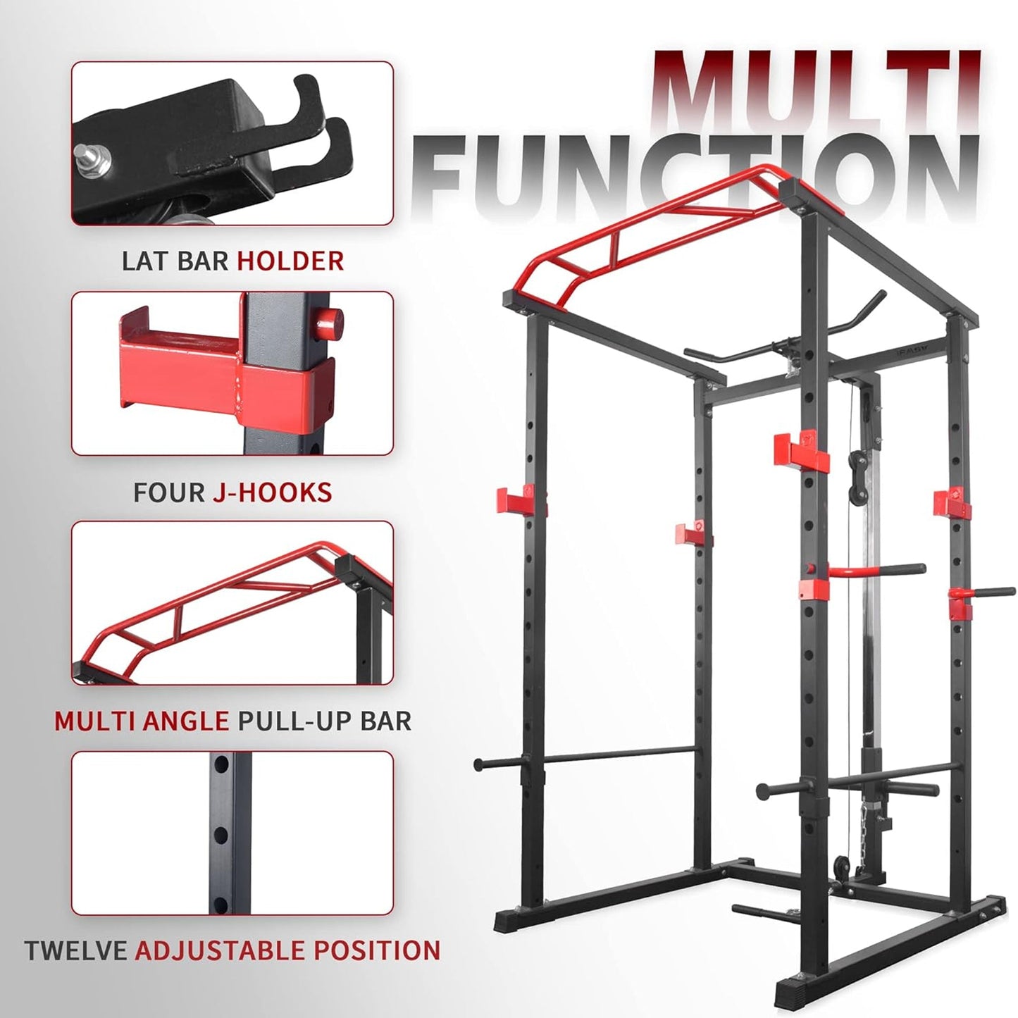 Professional Power Multi Cage with Integrated Cable Pulley System - Heavy-Duty Steel Construction - Adjustable J-Hooks & Safety Spotters - Multi-Grip Pull-Up Bar - Complete Home Gym Solution