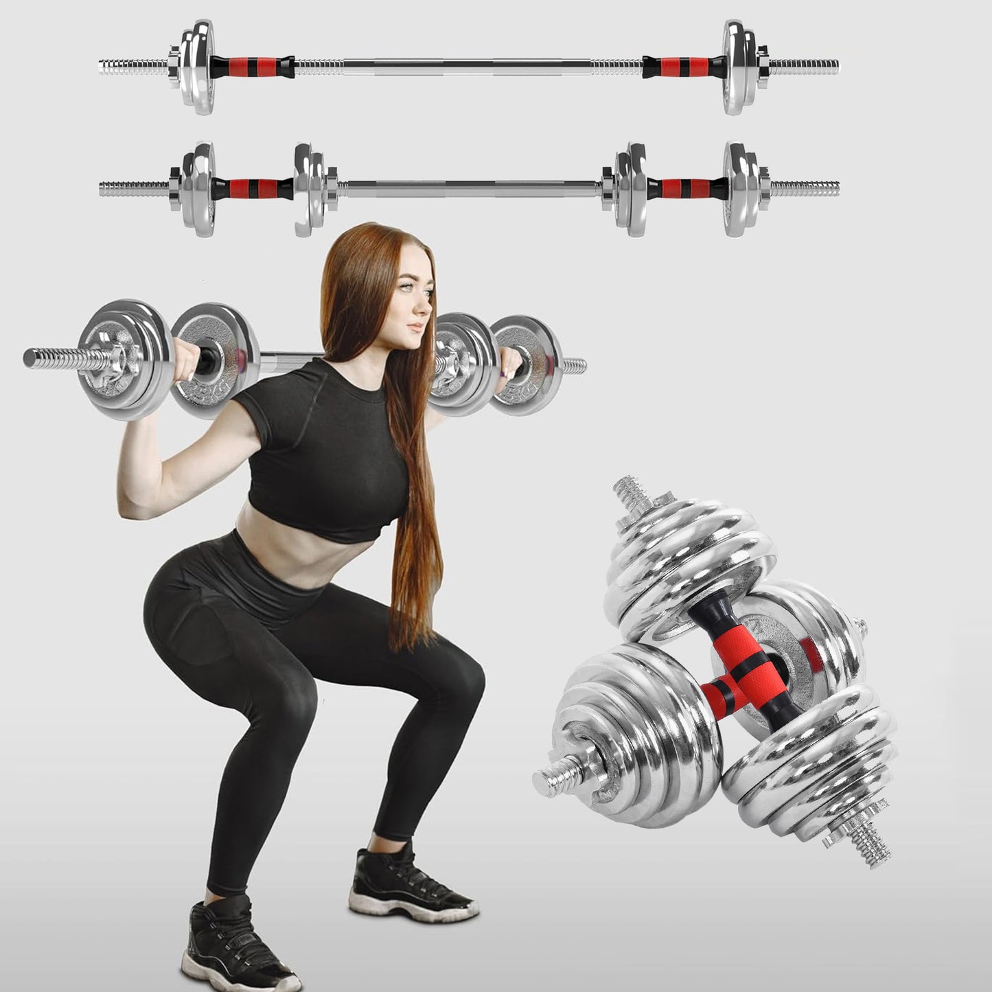 20kg Steel Adjustable Dumbbell Barbell Set - 2-in-1 Cast Iron Weight System with Anti-Slip Metal Handle - Converts from Dumbbells to Barbell - Home Fitness Training Equipment with  &  Plates