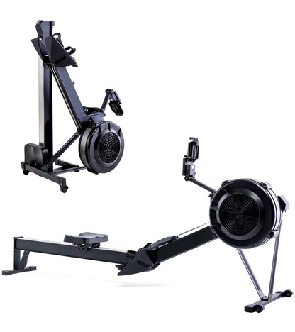 Two views of a black rowing machine on a white background