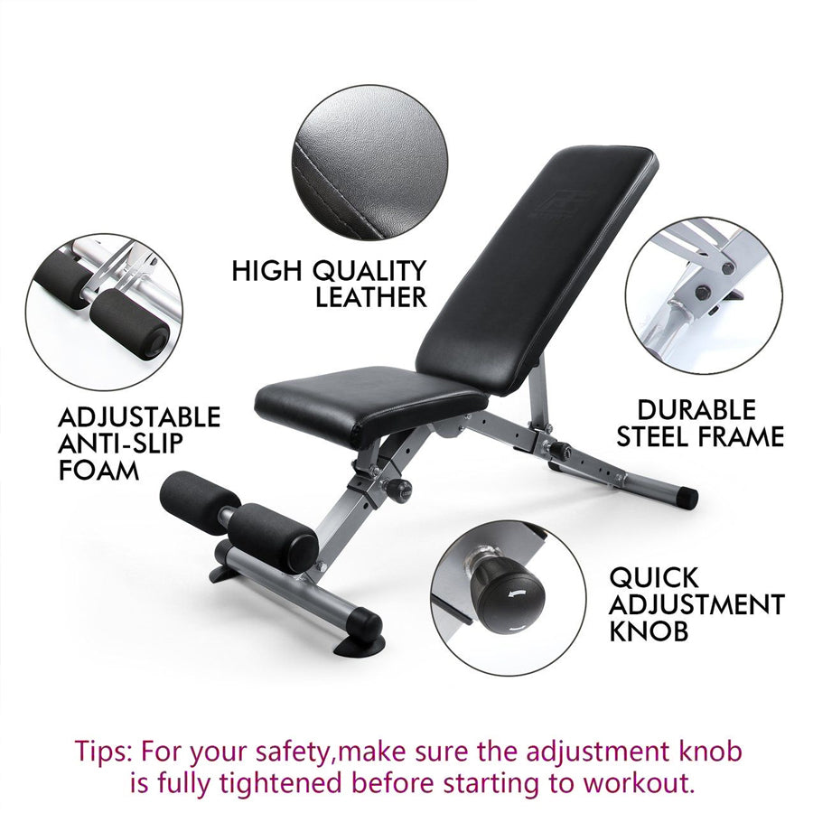 Fitness bench with features highlighted on a white background