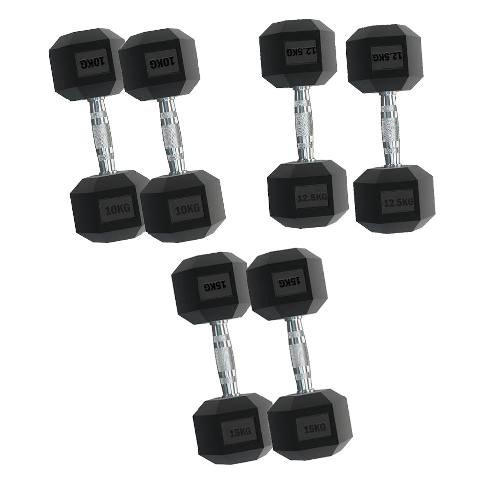Set of hexagonal dumbbells with weights on a white background