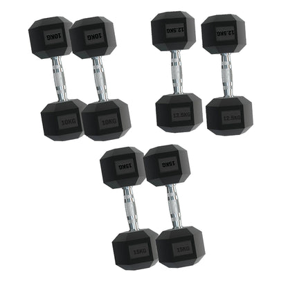 Set of hexagonal dumbbells with weights on a white background