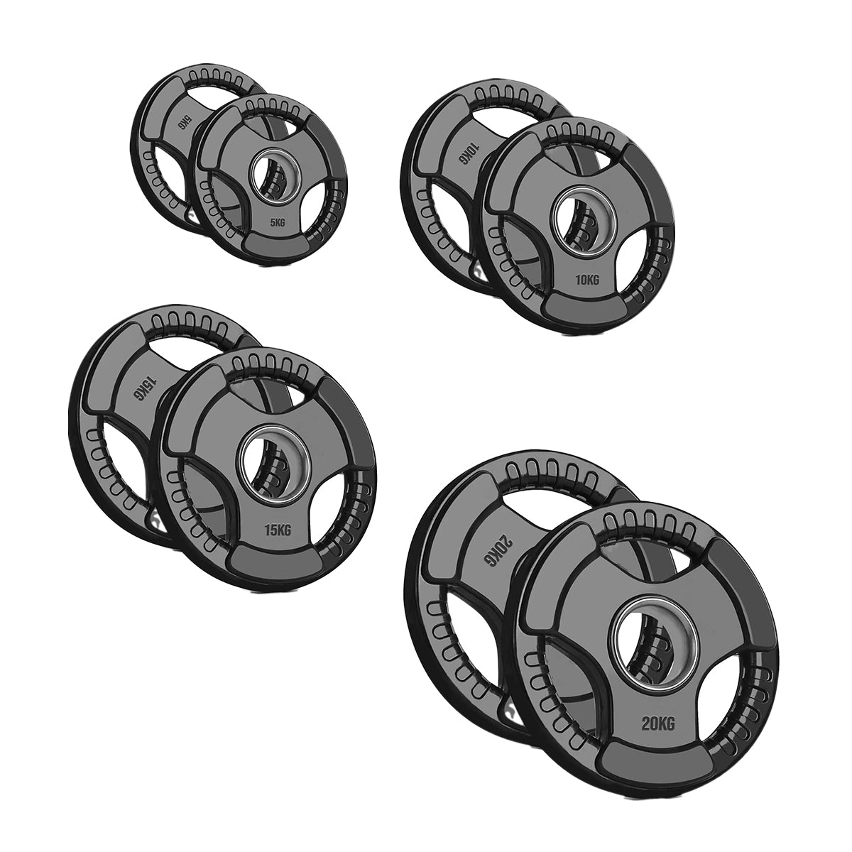 Tri-Grip Olympic Weight Plate - Black Rubber Coated Cast Iron with 2-Inch Hole - Durable Weight Plates for Strength Training, CrossFit & Weightlifting - Superior Grip Design for Easy Handling