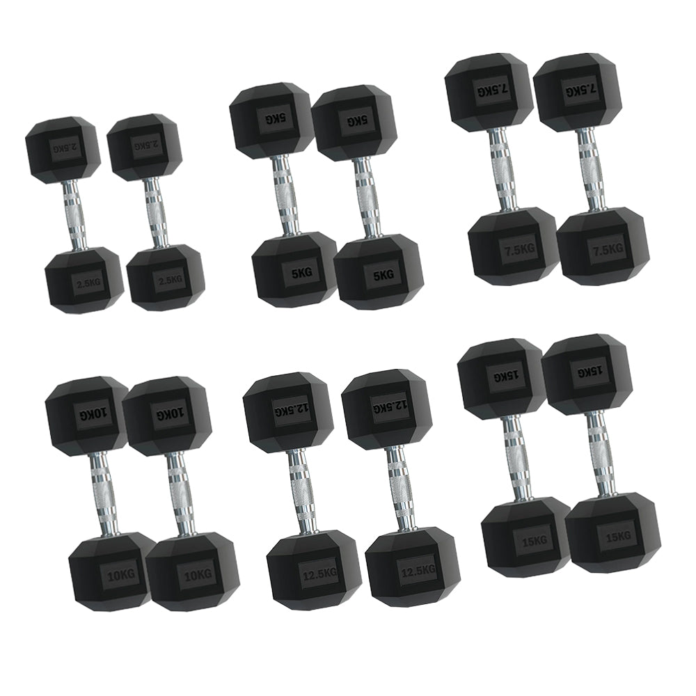 Complete Hex Dumbbell Set - 6 Pairs ( 2.5kg to 15kg) with A6 Tree Storage Rack - Premium Rubber Coated Weights for Home Gym - Commercial Quality Knurled Grip Dumbbells - Space-Saving Design