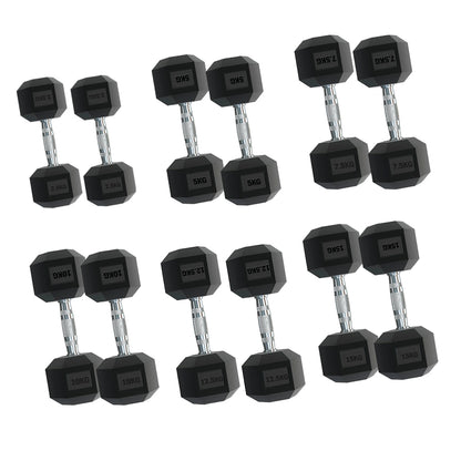 Complete Hex Dumbbell Set - 6 Pairs ( 2.5kg to 15kg) with A6 Tree Storage Rack - Premium Rubber Coated Weights for Home Gym - Commercial Quality Knurled Grip Dumbbells - Space-Saving Design