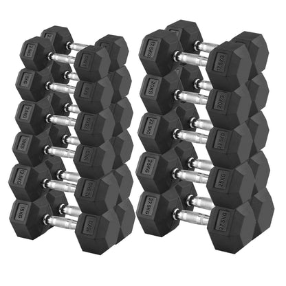 Premium Rubber-Coated Hex Dumbbells: Singles, Pairs & Complete Weight Sets from 2.5kg to 60kg - Anti-Roll Design with Ergonomic Metal Handles for Home Gym, Strength Training & Professional Bodybuilding