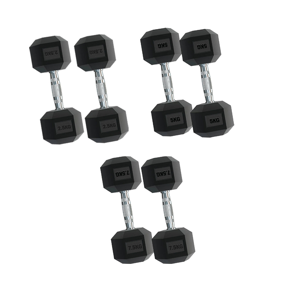 Set of six black dumbbells with hex weights on a white background