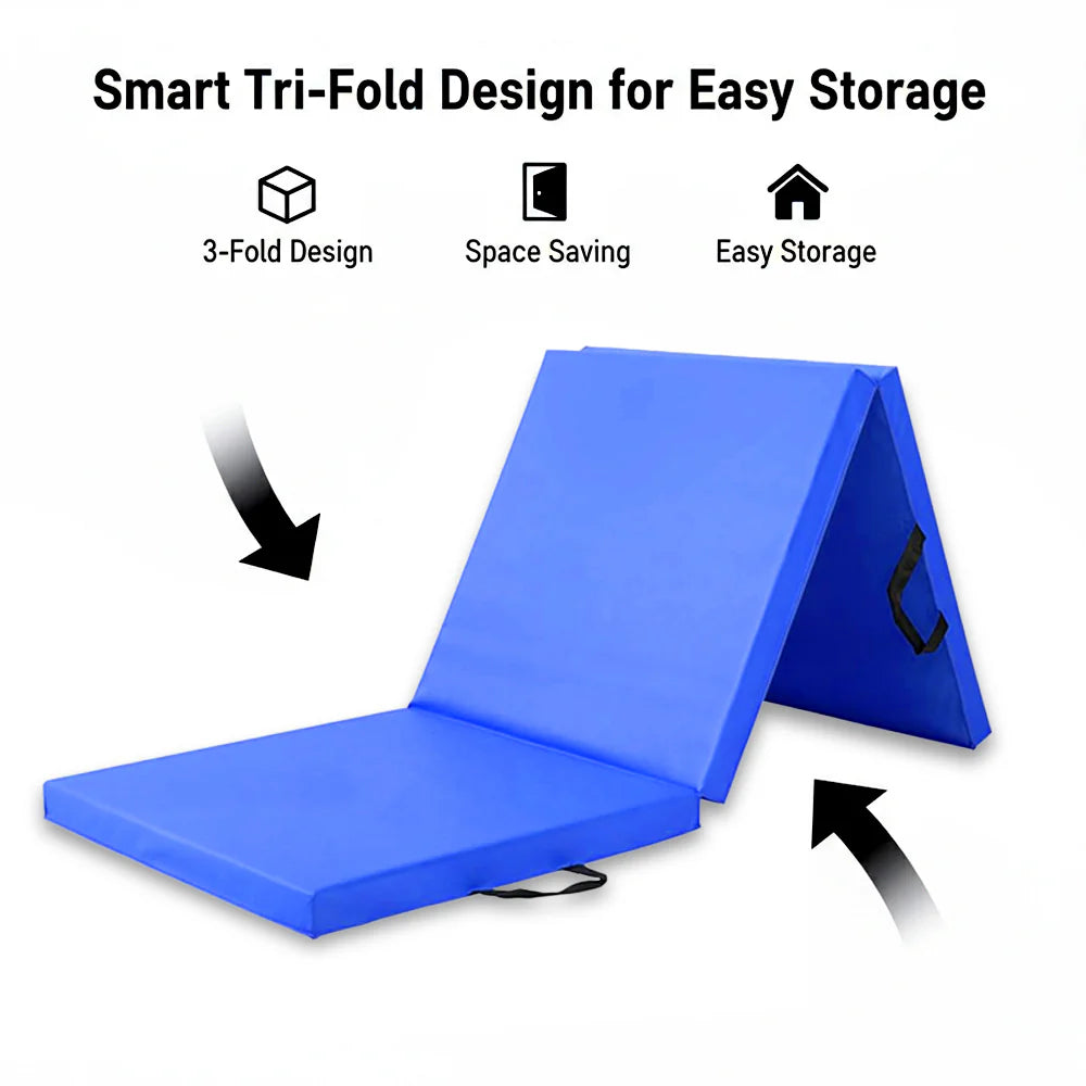 Tri-Fold Yoga Mat 6FT PU Leather 5cm Thick High Density Foam Non Slip Exercise Crash Mat