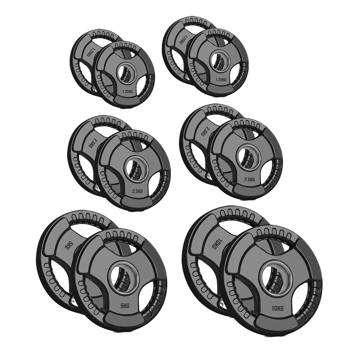 Tri-Grip Olympic Weight Plate - Black Rubber Coated Cast Iron with 2-Inch Hole - Durable Weight Plates for Strength Training, CrossFit & Weightlifting - Superior Grip Design for Easy Handling