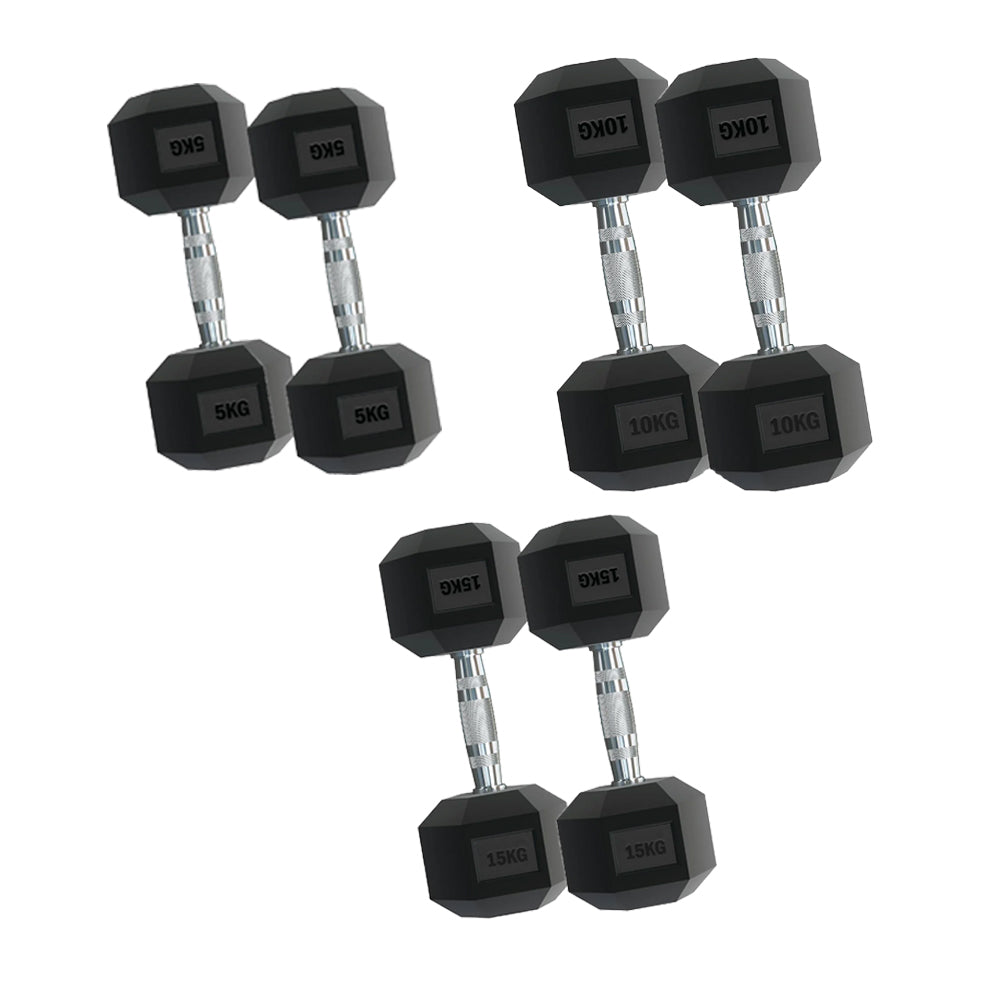 Set of black hexagonal dumbbells with weight markings on a white background