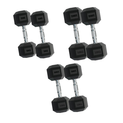 Set of black hexagonal dumbbells with weight markings on a white background