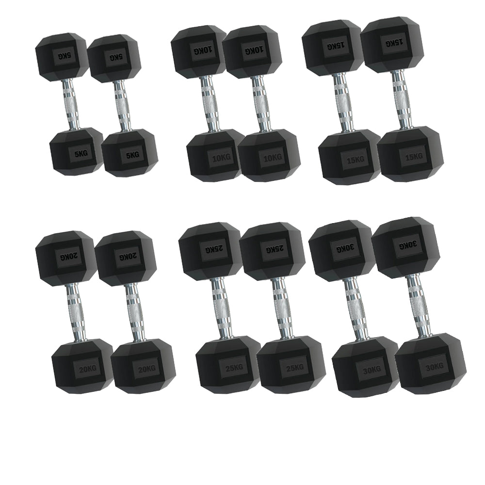 Set of black dumbbells with hex weights on a white background