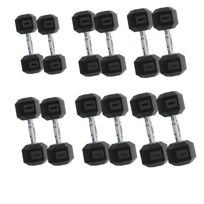 Set of black dumbbells with hex weights on a white background